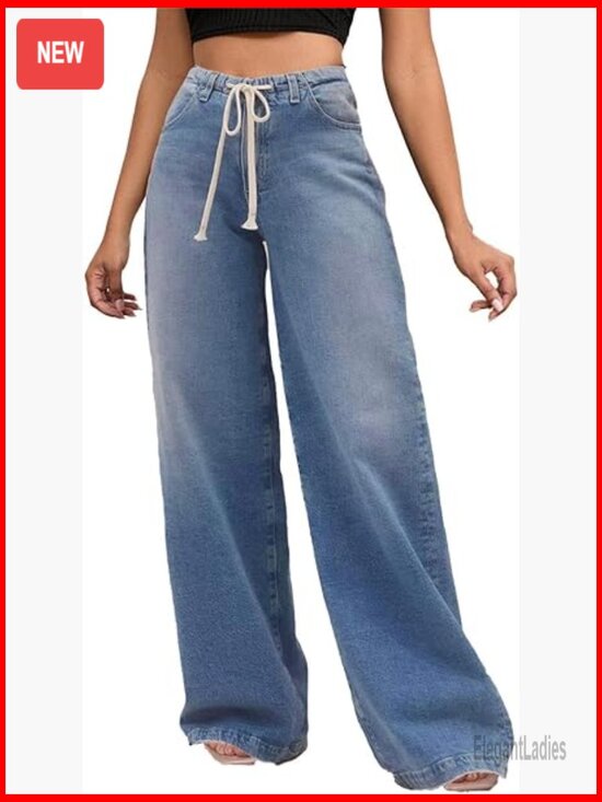Denim - High Waisted Wide Leg Stretchy Jeans Straight Pants Boyfriend Baggy